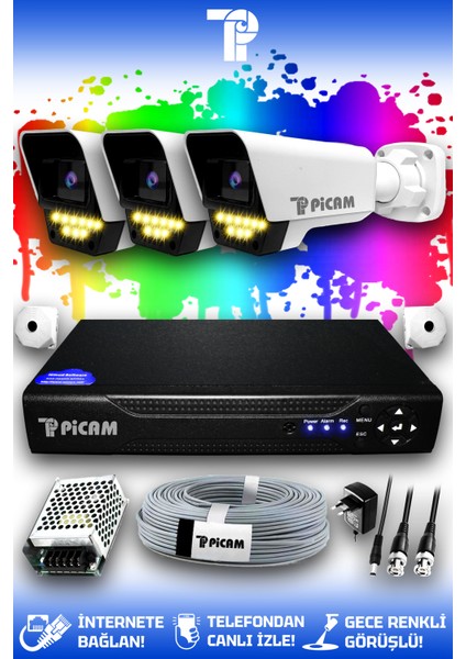 3 Kameralı Süper 3 Dış Kamera Set HDD'siz 5 MP Full HD Renkli Gece Görüşlü Güvenlik Kamerası Sistemi