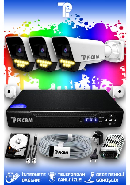 3 Kameralı Süper 3 Dış Kamera Set 1 TB 5 MP Full HD Renkli Gece Görüşlü Güvenlik Kamerası Sistemi