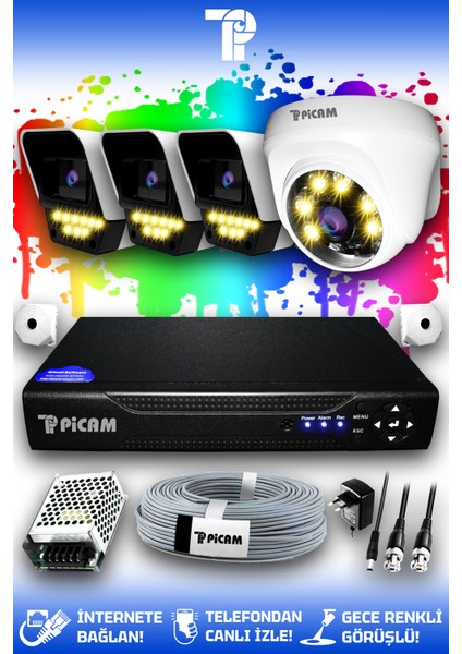 4 Kameralı Süper 1 İç Kamera Set HDD'siz 5 MP Full HD Renkli Gece Görüşlü Güvenlik Kamerası Sistemi