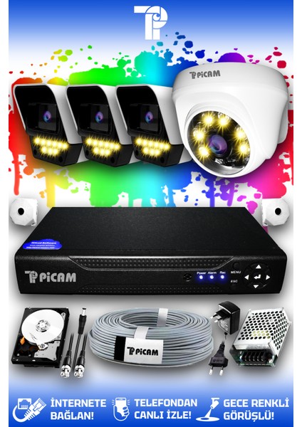 4 Kameralı Süper 1 İç Kamera Set 1 TB 5 MP Full HD Renkli Gece Görüşlü Güvenlik Kamerası Sistemi