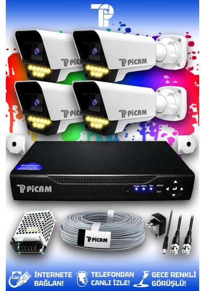 4 Kameralı Süper 4 Dış Kamera Set HDD'siz 5 MP Full HD Renkli Gece Görüşlü Güvenlik Kamerası Sistemi