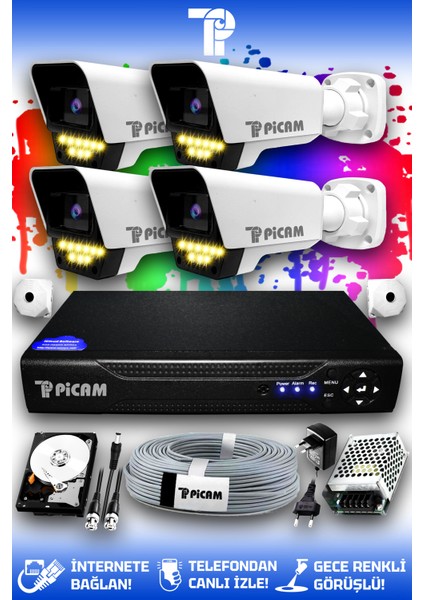 4 Kameralı Süper 4 Dış Kamera Set 1 TB 5 MP Full HD Renkli Gece Görüşlü Güvenlik Kamerası Sistemi