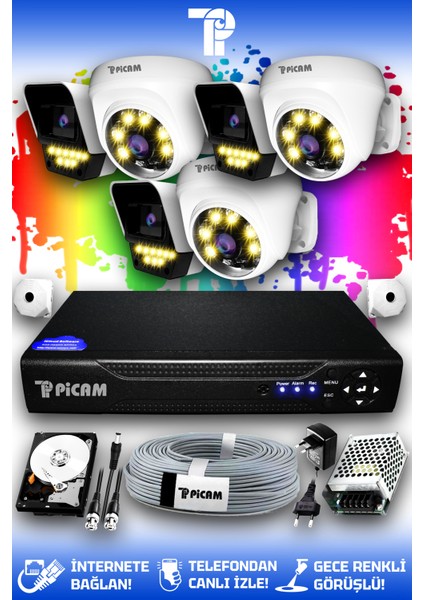 6 Kameralı Süper 3 İç Kamera Set 320 GB 5 MP Full HD Renkli Gece Görüşlü Güvenlik Kamerası Sistemi