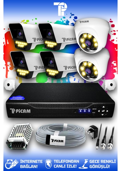 6 Kameralı Ultra 2 İç Kamera Set HDD'siz 5 MP 2K Net Renkli Gece Görüşlü Güvenlik Kamerası Sistemi