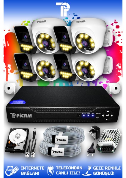 8 Kameralı Süper 4 İç Kamera Set 2 TB 5 MP Full HD Renkli Gece Görüşlü Güvenlik Kamerası Sistemi