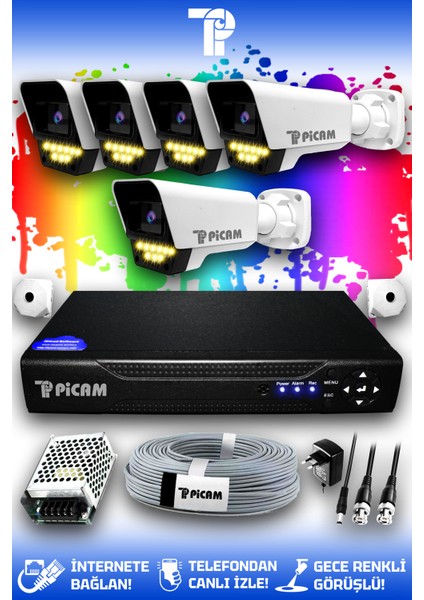 5 Kameralı Süper 5 Dış Kamera Set HDD'siz 5 MP Full HD Renkli Gece Görüşlü Güvenlik Kamerası Sistemi