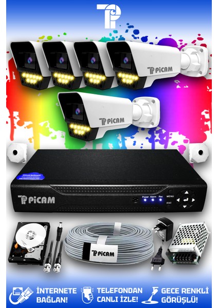 5 Kameralı Ultra 5 Dış Kamera Set 100 GB 5 MP 2K Net Renkli Gece Görüşlü Güvenlik Kamerası Sistemi