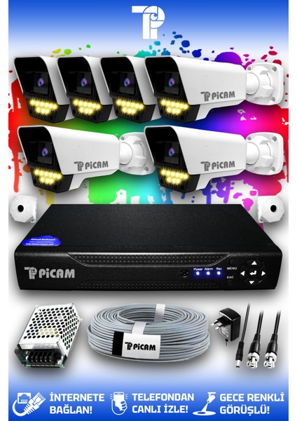 6 Kameralı Süper 6 Dış Kamera Set HDD'siz 5 MP Full HD Renkli Gece Görüşlü Güvenlik Kamerası Sistemi