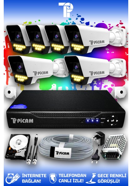 6 Kameralı Süper 6 Dış Kamera Set 250 GB 5 MP Full HD Renkli Gece Görüşlü Güvenlik Kamerası Sistemi