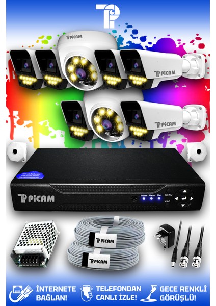 8 Kameralı Ultra 2 İç Kamera Set HDD'siz 5 MP 2K Net Renkli Gece Görüşlü Güvenlik Kamerası Sistemi