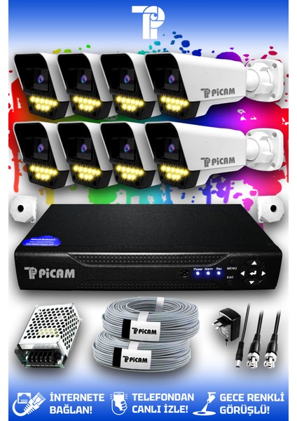 8 Kameralı Süper 8 Dış Kamera Set HDD'siz 5 MP Full HD Renkli Gece Görüşlü Güvenlik Kamerası Sistemi