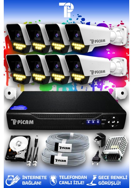 8 Kameralı Süper 8 Dış Kamera Set 1 TB 5 MP Full HD Renkli Gece Görüşlü Güvenlik Kamerası Sistemi