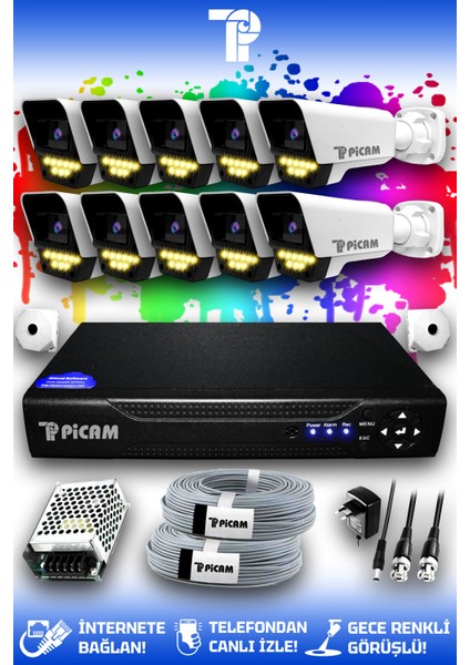 10 Kameralı Süper 10 Dış Kamera Set HDD'siz 5 MP Full HD Renkli Gece Görüşlü Güvenlik Kamerası Sistemi