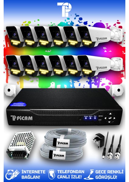 12 Kameralı Süper 12 Dış Kamera Set HDD'siz 5 MP Full HD Renkli Gece Görüşlü Güvenlik Kamerası Sistemi