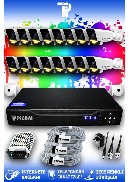 16 Kameralı Süper 16 Dış Kamera Set HDD'siz 5 MP Full HD Renkli Gece Görüşlü Güvenlik Kamerası Sistemi