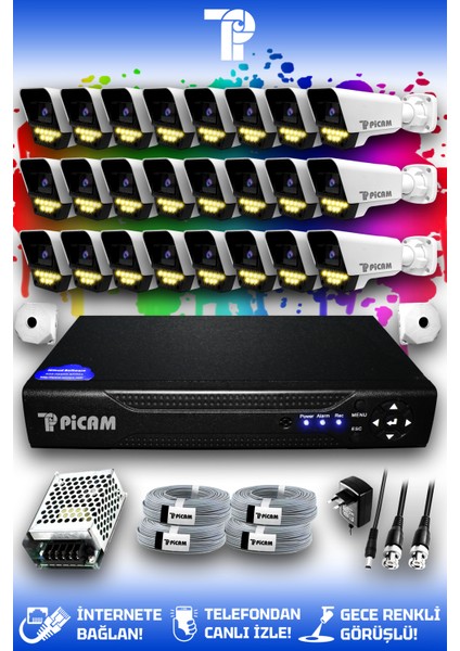 24 Kameralı Süper 24 Dış Kamera Set HDD'siz 5 MP Full HD Renkli Gece Görüşlü Güvenlik Kamerası Sistemi