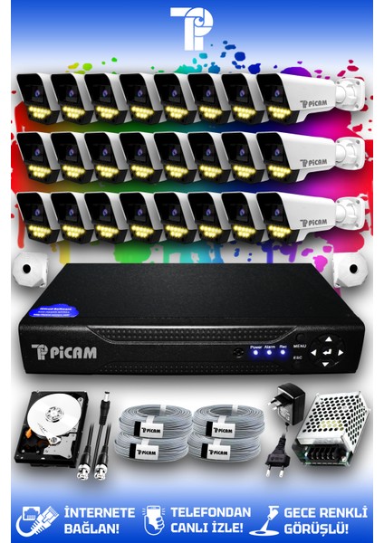 24 Kameralı Süper 24 Dış Kamera Set 100 GB 5 MP Full HD Renkli Gece Görüşlü Güvenlik Kamerası Sistemi