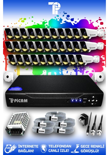 32 Kameralı Ultra 32 Dış Kamera Set HDD'siz 5 MP 2K Net Renkli Gece Görüşlü Güvenlik Kamerası Sistemi