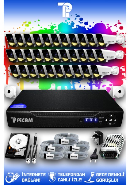 32 Kameralı Süper 32 Dış Kamera Set 2 TB 5 MP Full HD Renkli Gece Görüşlü Güvenlik Kamerası Sistemi