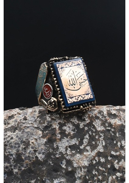 Özel Tasarım Hasbiyallah ve Kelime-I Tevhid ve Allah ve Muhammed Yazılı 925 Gümüş Erkek Yüzük 902317 fırsatları