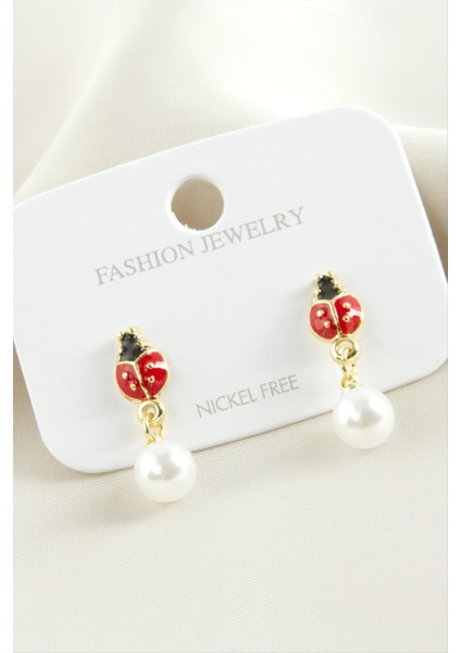 Depomix Uğur Böceği Mineli Inci Küpe-Sarı