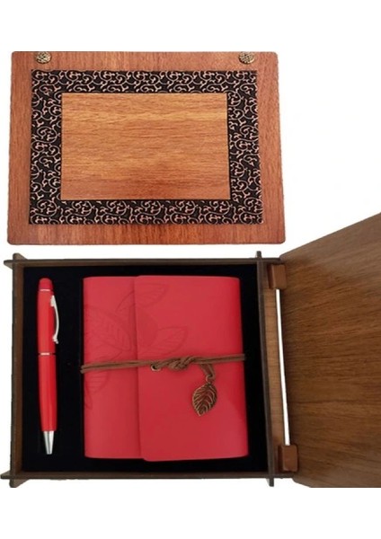 Ahşap Kutulu Kırmızı Deri Defter ve Metal Kalem Set modelleri