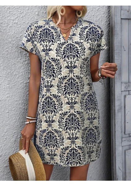 Kadın Kısa Kollu Çentik Yaka Çiçek Desenli Keten Elbise fırsatları