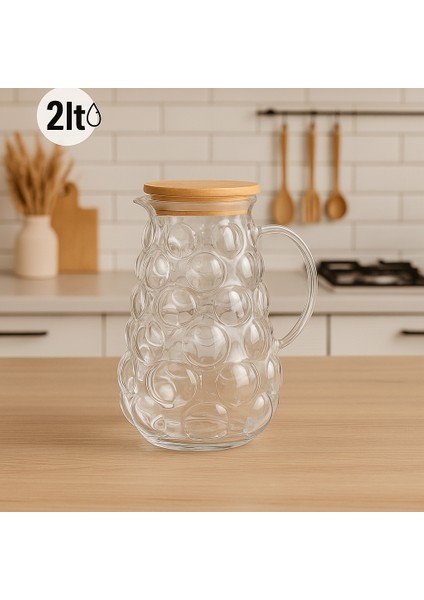 Bambu Kapaklı Üzüm Desenli Cam Sürahi 2oooml