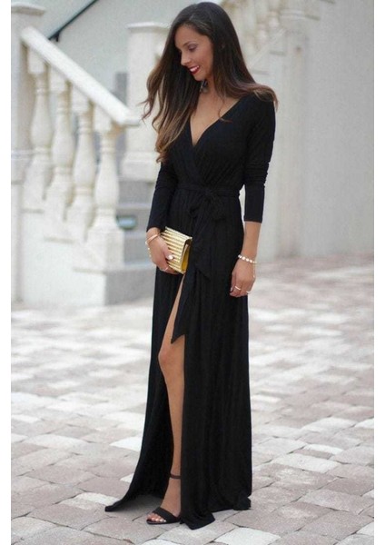 Kadın Uzun Kollu Derin V Kruvaze Yaka Beli Lastik Yırtmaç ve Bağcık Detaylı Sandy Tam Boy Elbise fiyatları