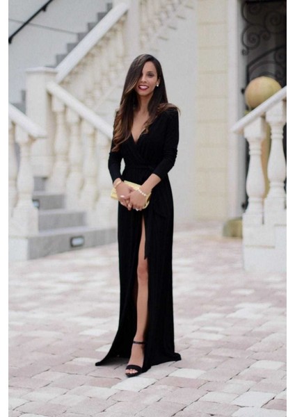 Kadın Uzun Kollu Derin V Kruvaze Yaka Beli Lastik Yırtmaç ve Bağcık Detaylı Sandy Tam Boy Elbise modelleri