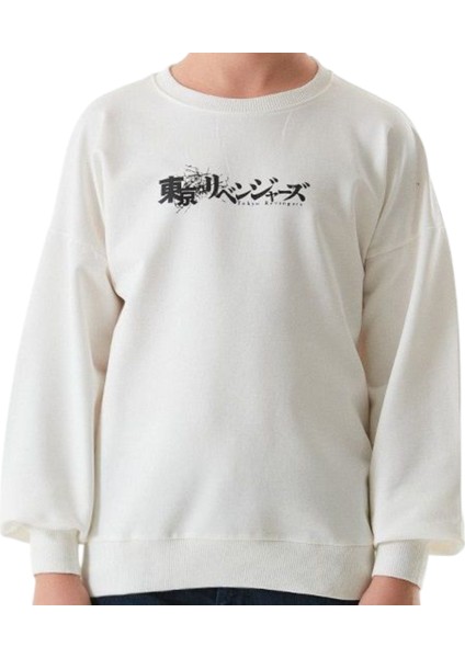 Erkek Çocuk Önü Arkası Anime Resim Yazı Desenli Beyaz Renk Sweatshirt