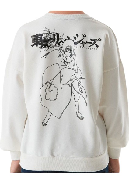 Erkek Çocuk Önü Arkası Anime Resim Yazı Desenli Beyaz Renk Sweatshirt fiyatları