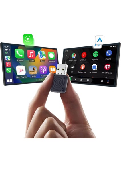 Mını-Ultra Kablosuz Carplay & Android Auto Adaptör – 2’si 1 Arada, Tüm Araçlarla Uyumlu
