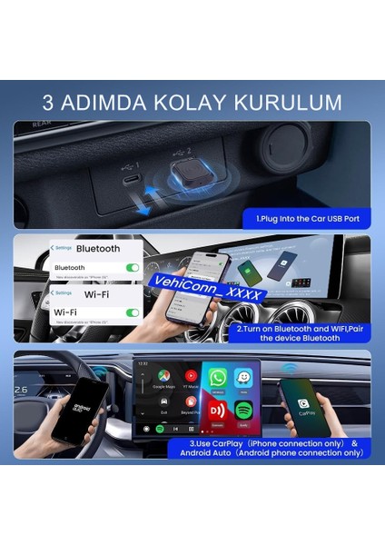 Mını-Ultra Kablosuz Carplay & Android Auto Adaptör – 2’si 1 Arada, Tüm Araçlarla Uyumlu fırsatları