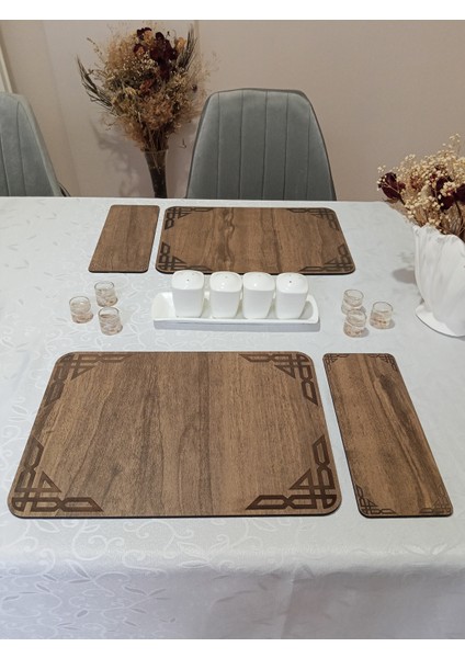 Ahşap Amerikan Servis Takımı 4 Parça Masa Altlığı 45X25 cm Retro Desenli