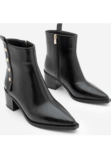 Kadın Sivri Burun Zımba Detaylı Kalın Topuklu Bot Bemoza Siyah indirimleri