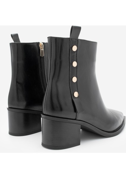 Kadın Sivri Burun Zımba Detaylı Kalın Topuklu Bot Bemoza Siyah