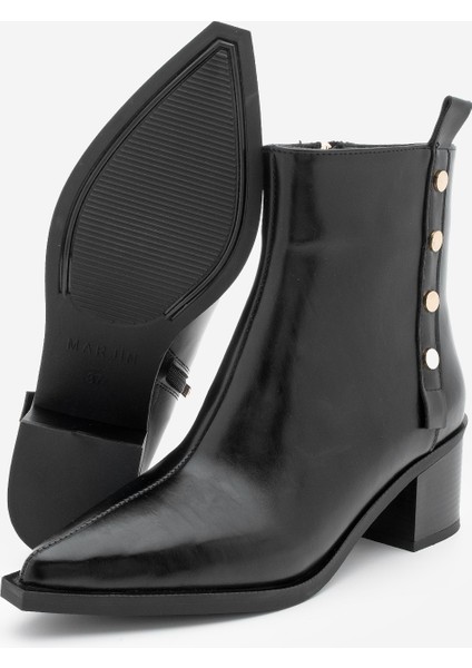 Kadın Sivri Burun Zımba Detaylı Kalın Topuklu Bot Bemoza Siyah