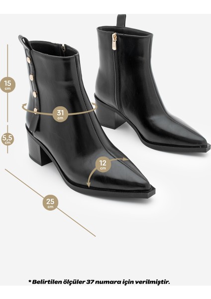 Kadın Sivri Burun Zımba Detaylı Kalın Topuklu Bot Bemoza Siyah