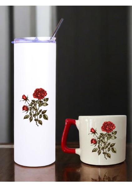 Gül Baskılı 600 ml Termos ve 250 ml Bardak - Pipetli Termos ve Bardak Seti