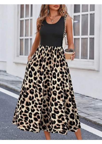 Kadın Askılı Yuvarlak Yaka Üst Viskon Alt Leopar Desenli Süprem Uzun Elbise