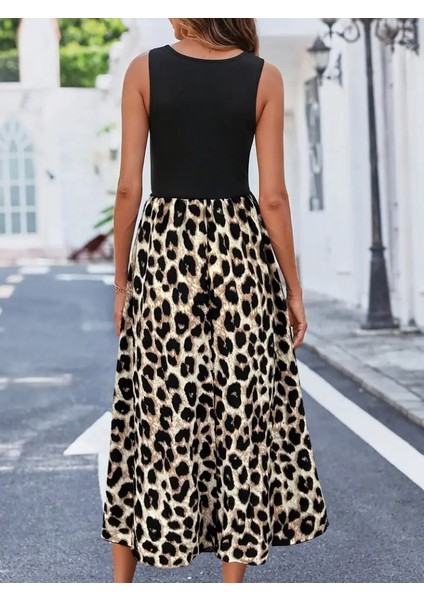 Kadın Askılı Yuvarlak Yaka Üst Viskon Alt Leopar Desenli Süprem Uzun Elbise fiyatları