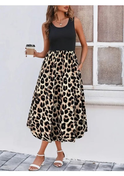 Kadın Askılı Yuvarlak Yaka Üst Viskon Alt Leopar Desenli Süprem Uzun Elbise fırsatları
