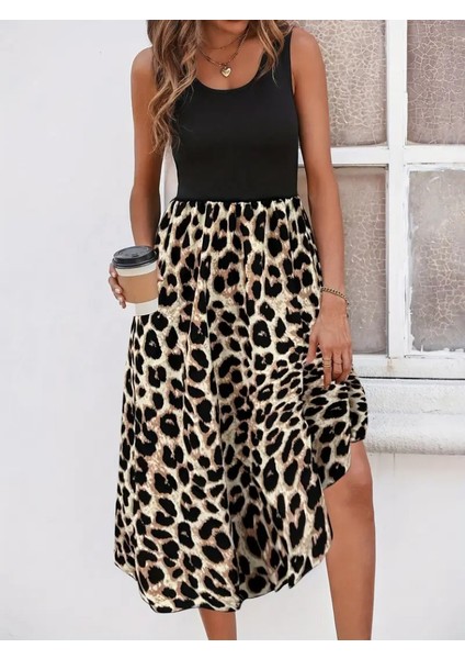 Kadın Askılı Yuvarlak Yaka Üst Viskon Alt Leopar Desenli Süprem Uzun Elbise indirimleri