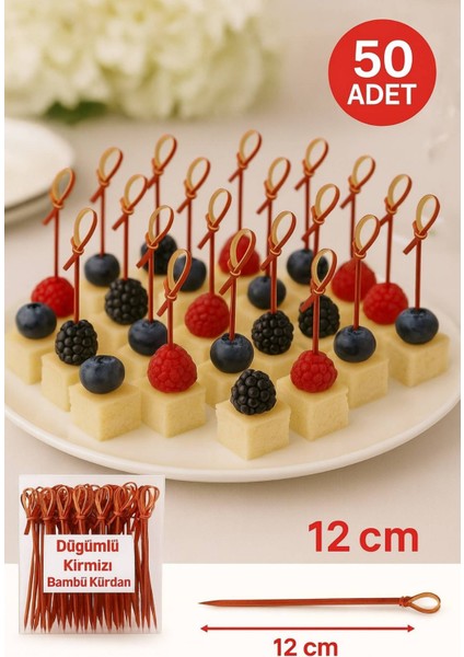 Düğümlü Kırmızı Bambu Kürdan – 12 Cm, Şık Davet ve Kokteyl Sunum Çubuğu (50’li Paket)