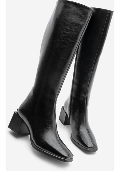 Kadın Küt Burun Fermuarlı Kalın Topuklu Çizme Lusso Siyah