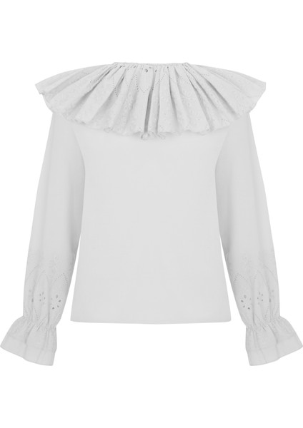 Yakası Fırfırlı Brode Gömlek Ekru fiyatları