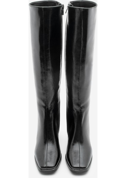 Kadın Küt Burun Fermuarlı Kalın Topuklu Çizme Lusso Siyah