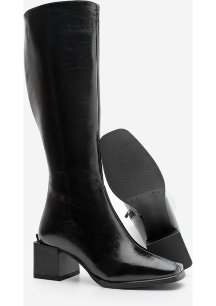 Kadın Küt Burun Fermuarlı Kalın Topuklu Çizme Lusso Siyah