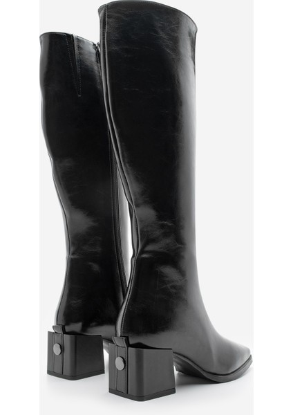 Kadın Küt Burun Fermuarlı Kalın Topuklu Çizme Lusso Siyah